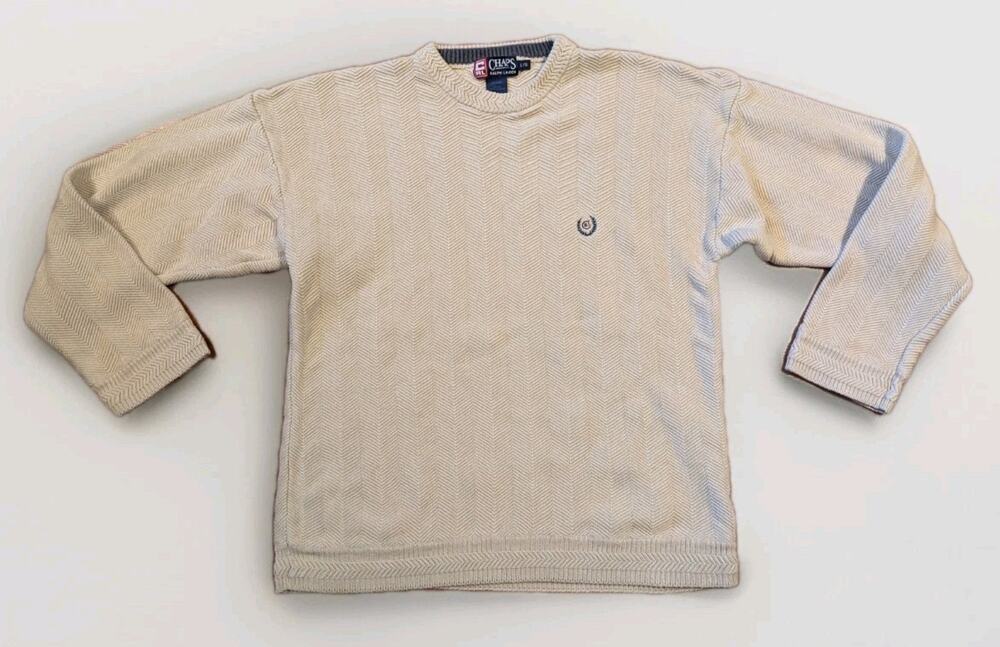 Chaps Ralph Lauren Sweater Men’s L Beige Cable Knit Crewneck Cotton Classic